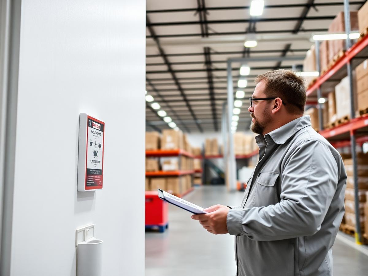 Technician inspecting a bait station in a warehouse